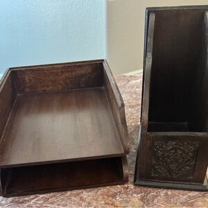 Elegant Hand-Carved Dark Wood Desk Organizer Set